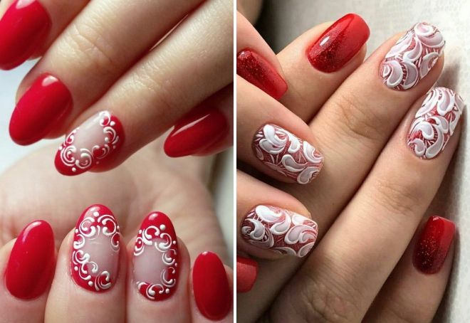 red manicure with white lace