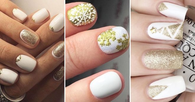 White and golden snowflake manicure