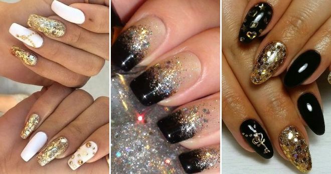 Manicure with golden sequins