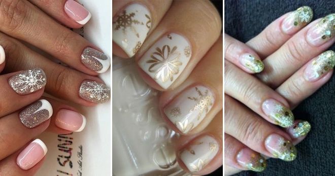 Golden manicure with snowflakes