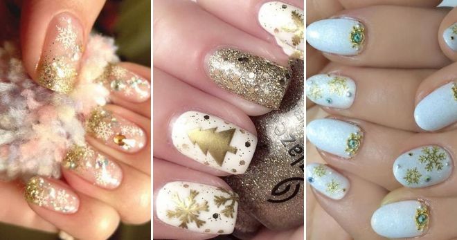 Golden manicure with snowflakes ideas