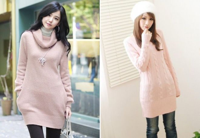 длинный розовый свитер