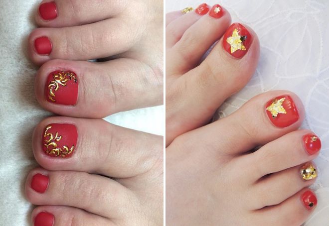 red pedicure with gold