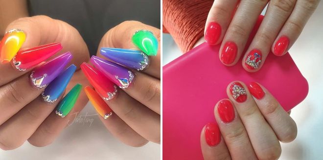 bright manicure with rhinestones 2020