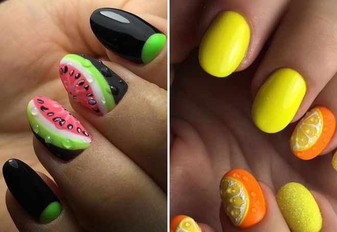 fruit manicure on nails with drops
