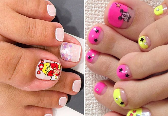 pink pedicure with cartoon characters