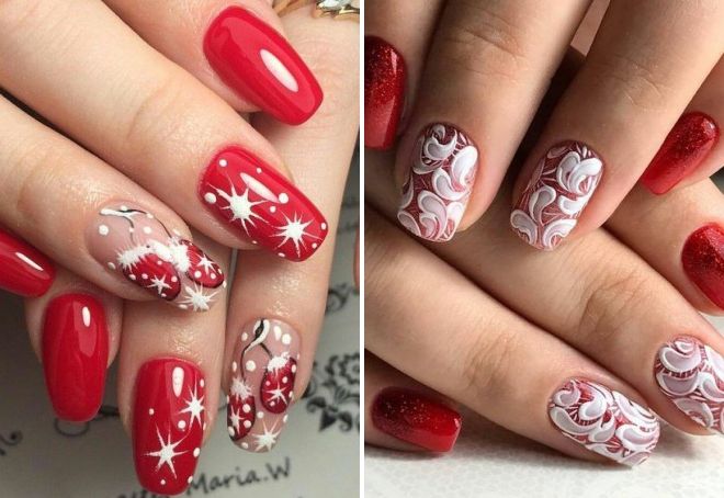 red manicure with drawings 2020