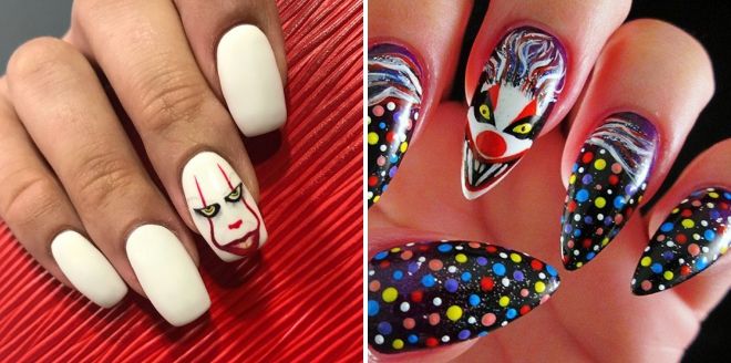 halloween manicure with clown