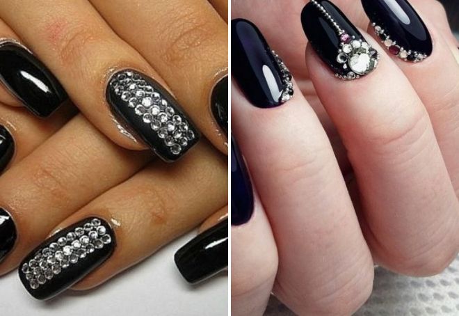 black nail design with rhinestones