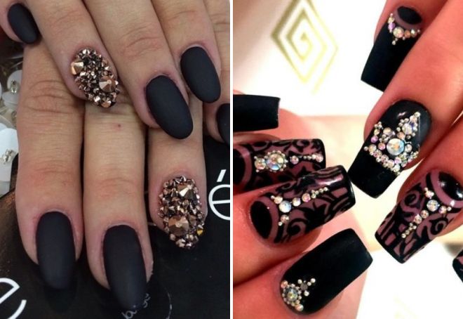   black nail design with rhinestones