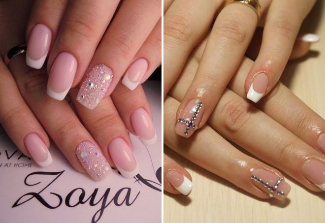 french nail design with rhinestones