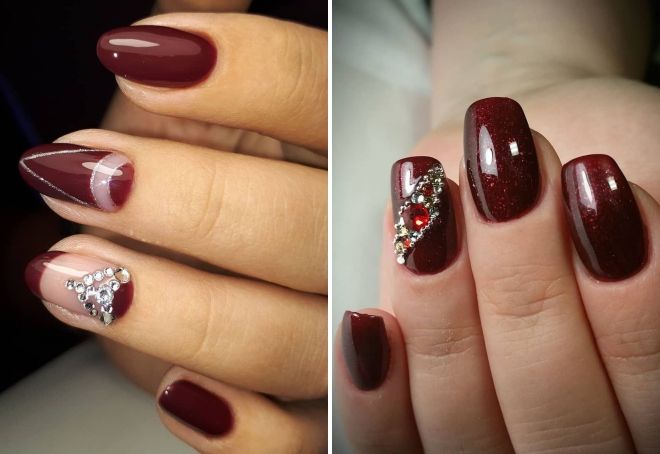 burgundy nails with rhinestones