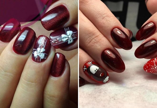 burgundy manicure with a pattern