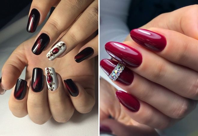 burgundy manicure with design for long nails
