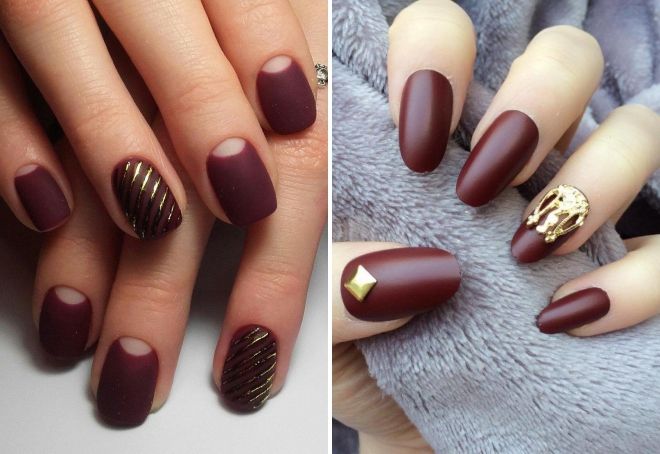 burgundy matte nails with gold