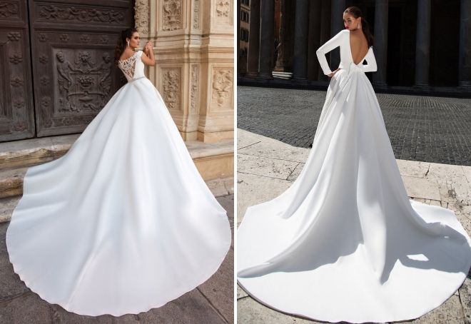 атласное свадебное платье со шлейфом