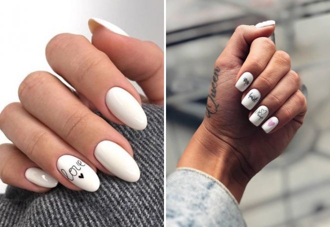 white manicure with inscriptions