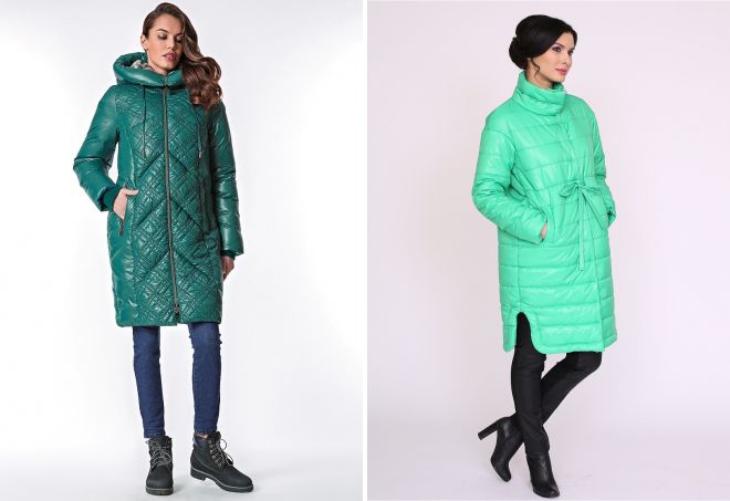 Зеленое стеганое пальто с чем носить
