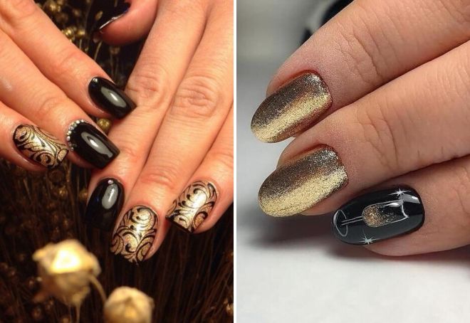 black New Year's manicure with gold