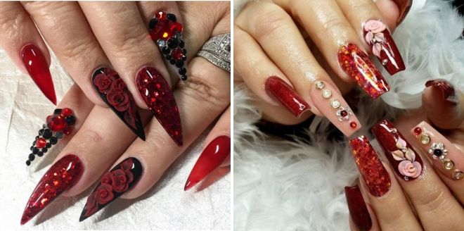 red manicure with flowers