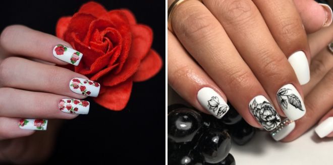 white manicure with flowers