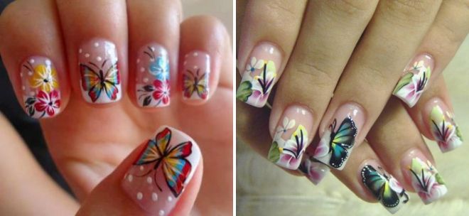 manicure with flowers and butterflies
