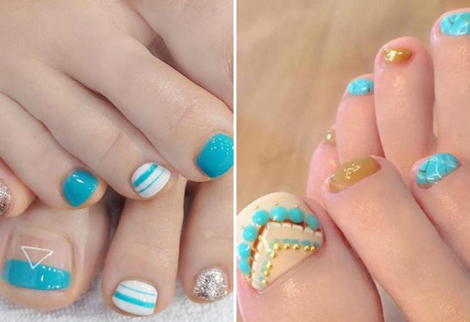 turquoise pedicure with stripes