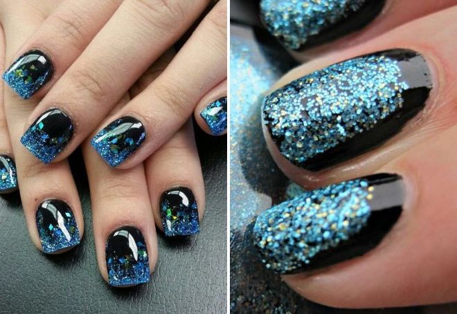 black manicure with blue glitter