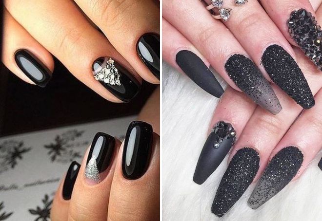 black manicure with sparkles and rhinestones