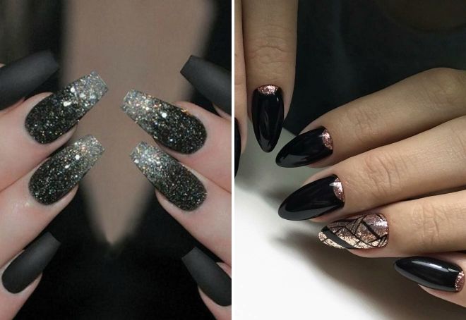 black glitter manicure for long nails