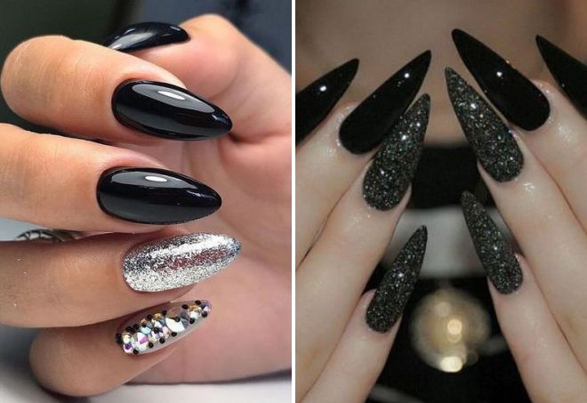 black manicure with glitter on sharp nails