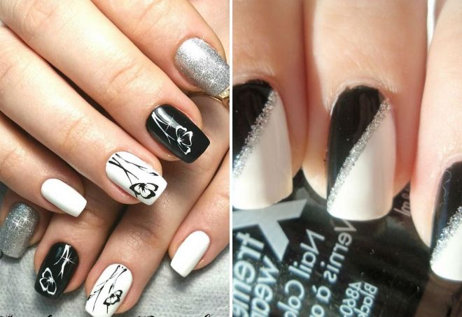 black and white glitter nail design