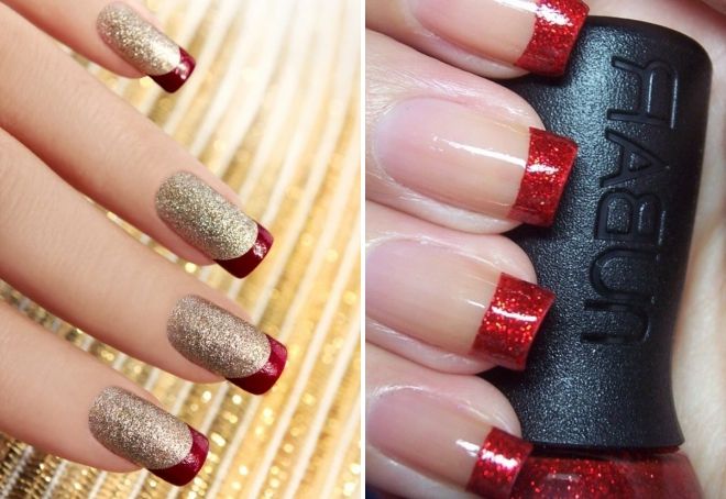 red french manicure with glitter