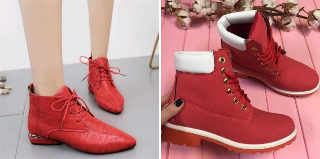 Красные ботинки – на шнуровке, каблуке, платформе, тракторной подошве,  танкетке, замшевые, с мехом, высокие, лаковые, челси, с чем носить?