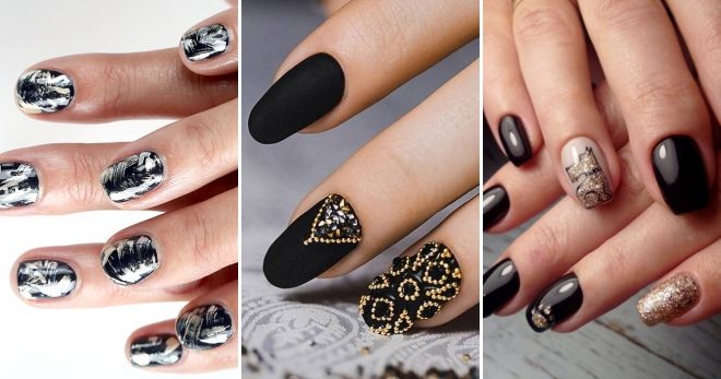 Black manicure 2019 with glitter pattern