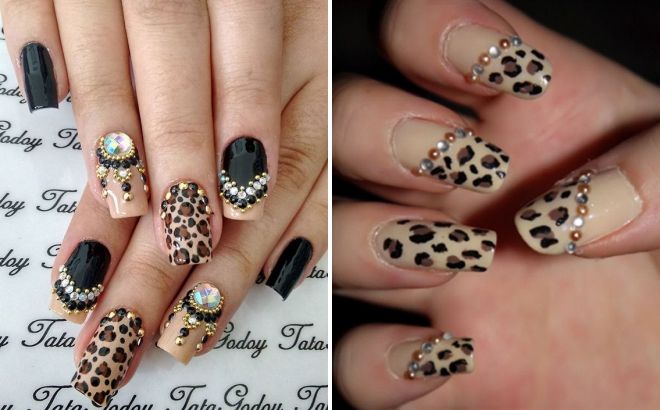 Леопард на черном фоне ногти