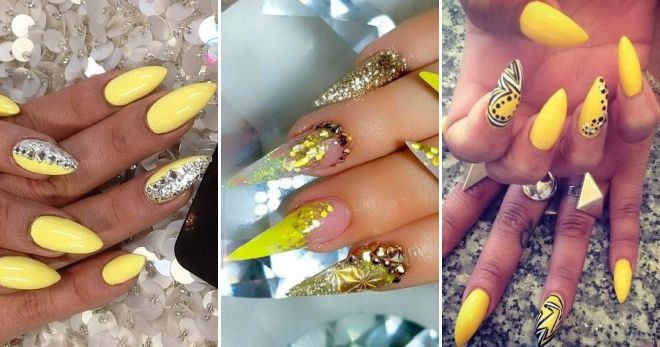 Яркий дизайн ногтей 2019 на острые желтый