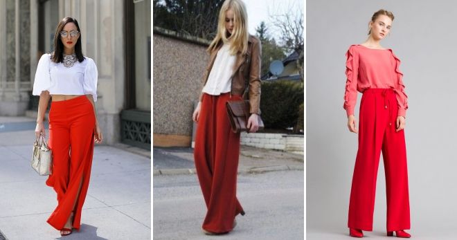 С чем носить широкие красные брюки мода