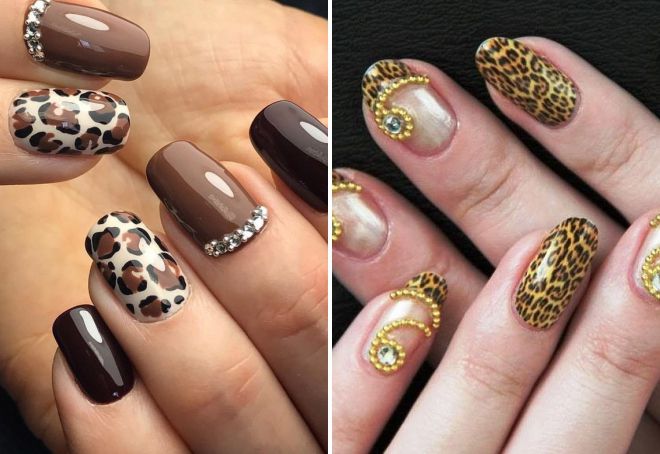 leopard manicure with rhinestones