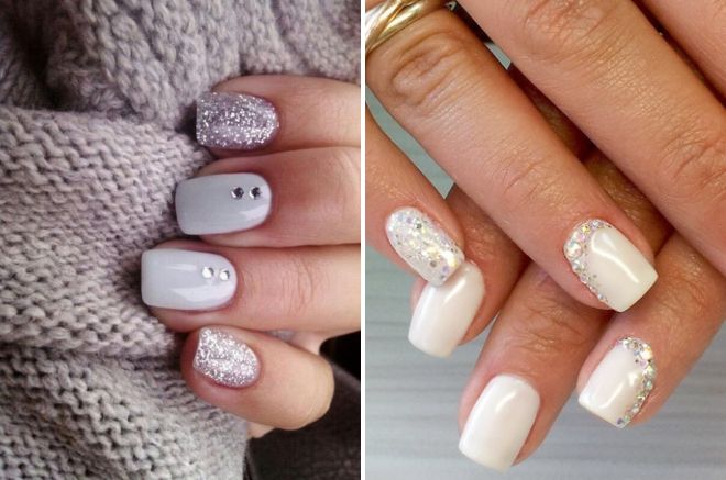 white manicure with rhinestones and sparkles