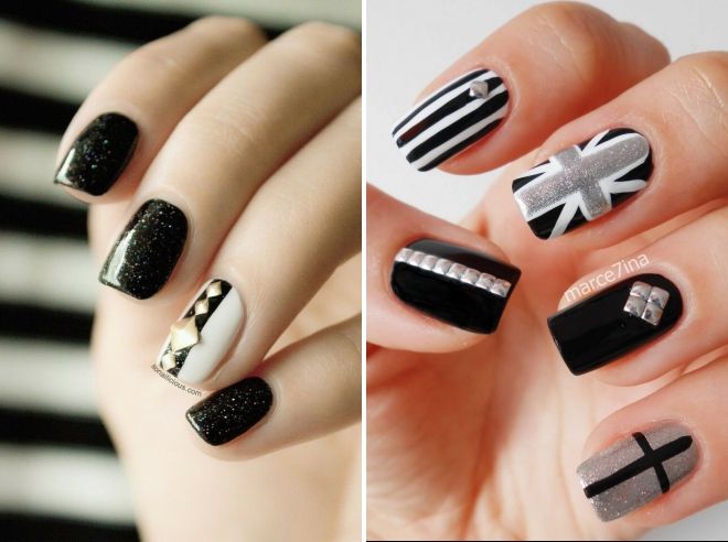black and white glitter manicure