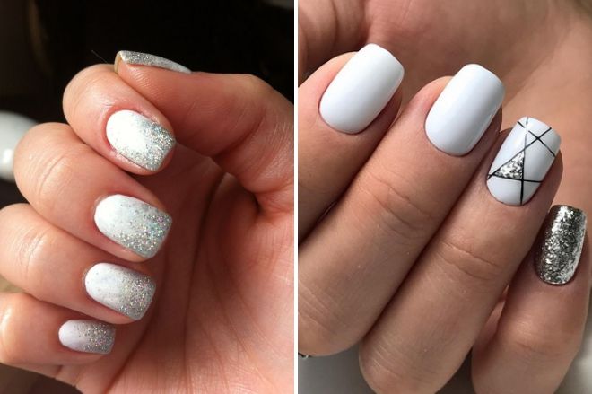 white manicure with silver glitter