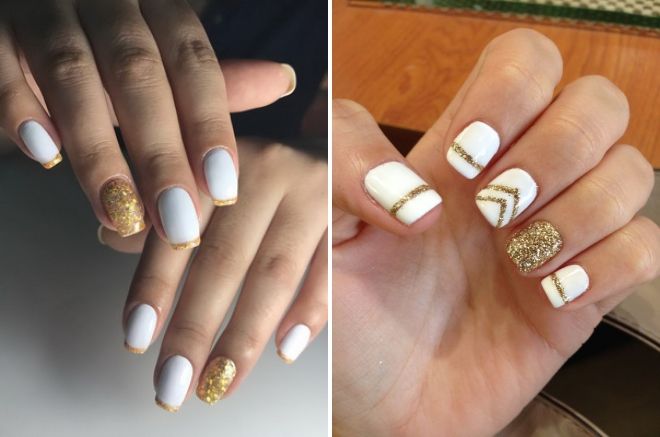 white manicure with gold glitter