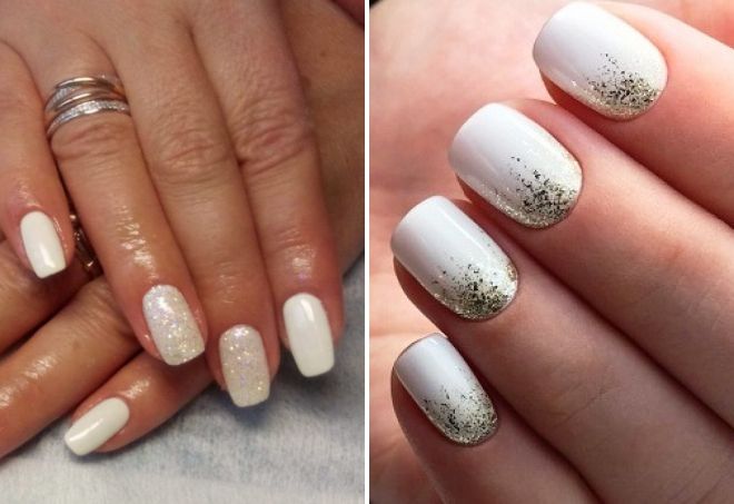 white manicure with rubbing and glitter