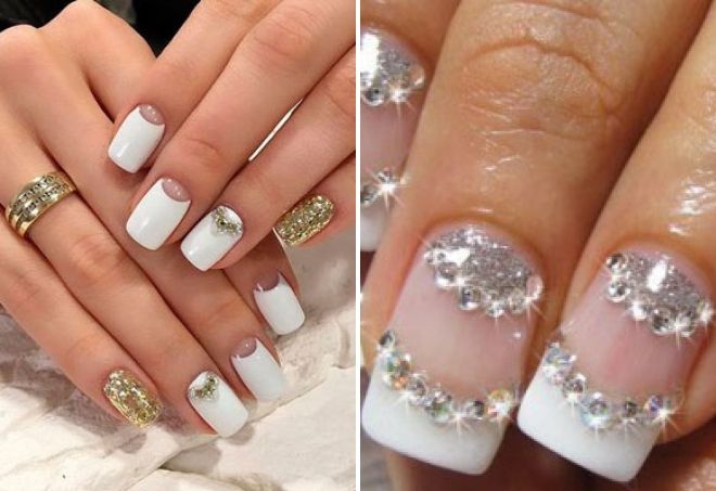 white manicure with holes and sparkles