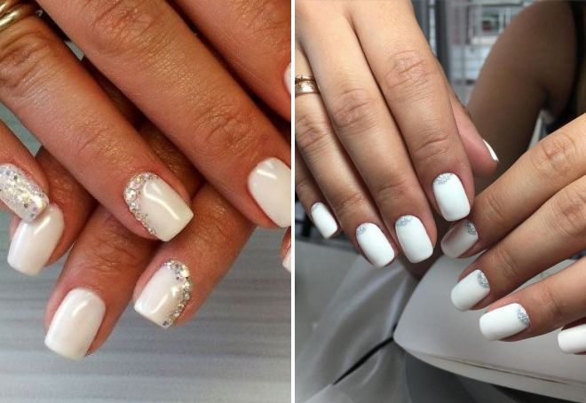 white manicure for short nails with glitter