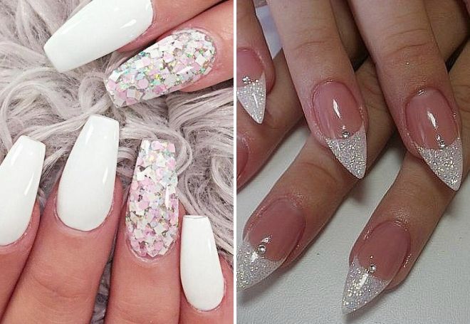 white manicure for long nails with glitter
