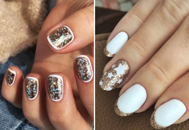 New Year's white manicure with sparkles
