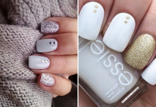 white manicure with sparkles and rhinestones