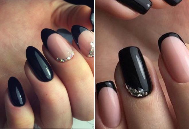 Black French manicure with rhinestones can make a very extraordinary variat...